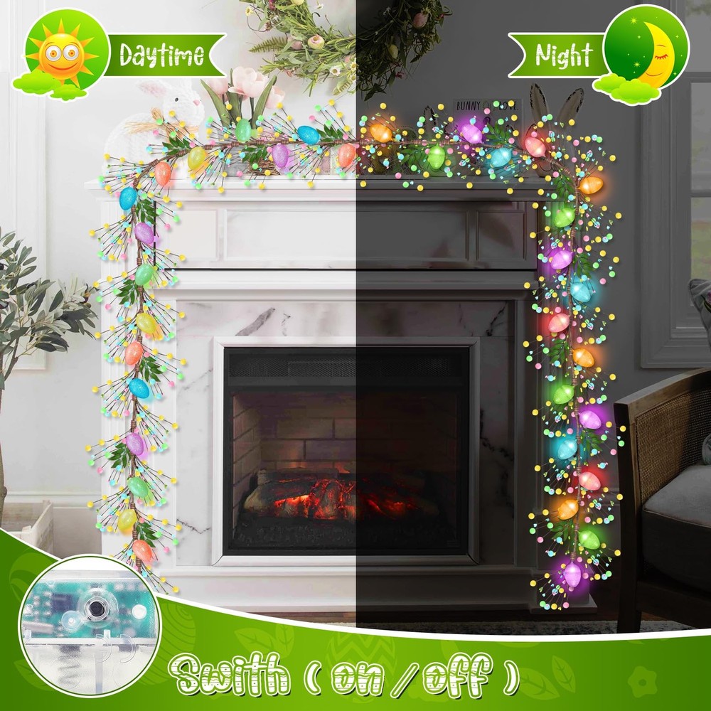 Lighted Easter Garland with 8 Lighting Modes, 15 LED Colorful Glitter Easter Egg