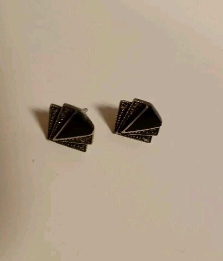 Black Stone & Marcasite Silver Tone Earrings - D86