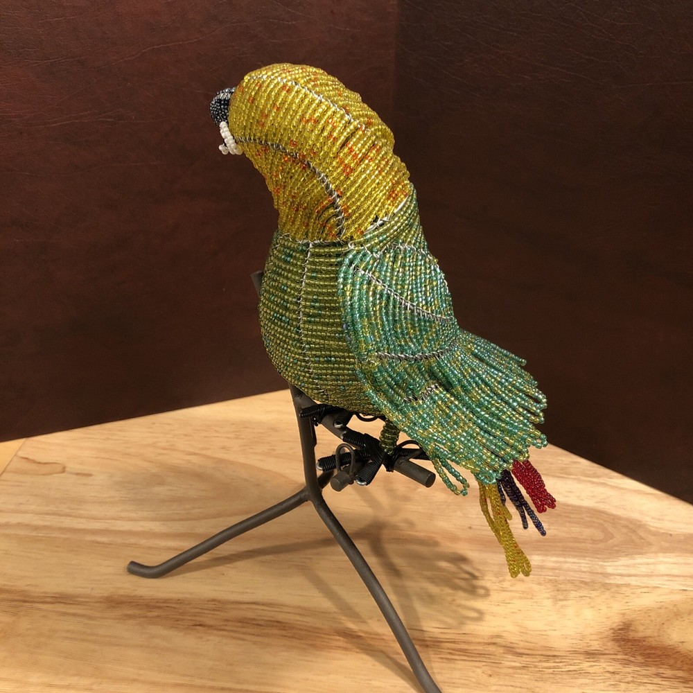 Parrot Sculpture with perch on stand Beaded Beautiful