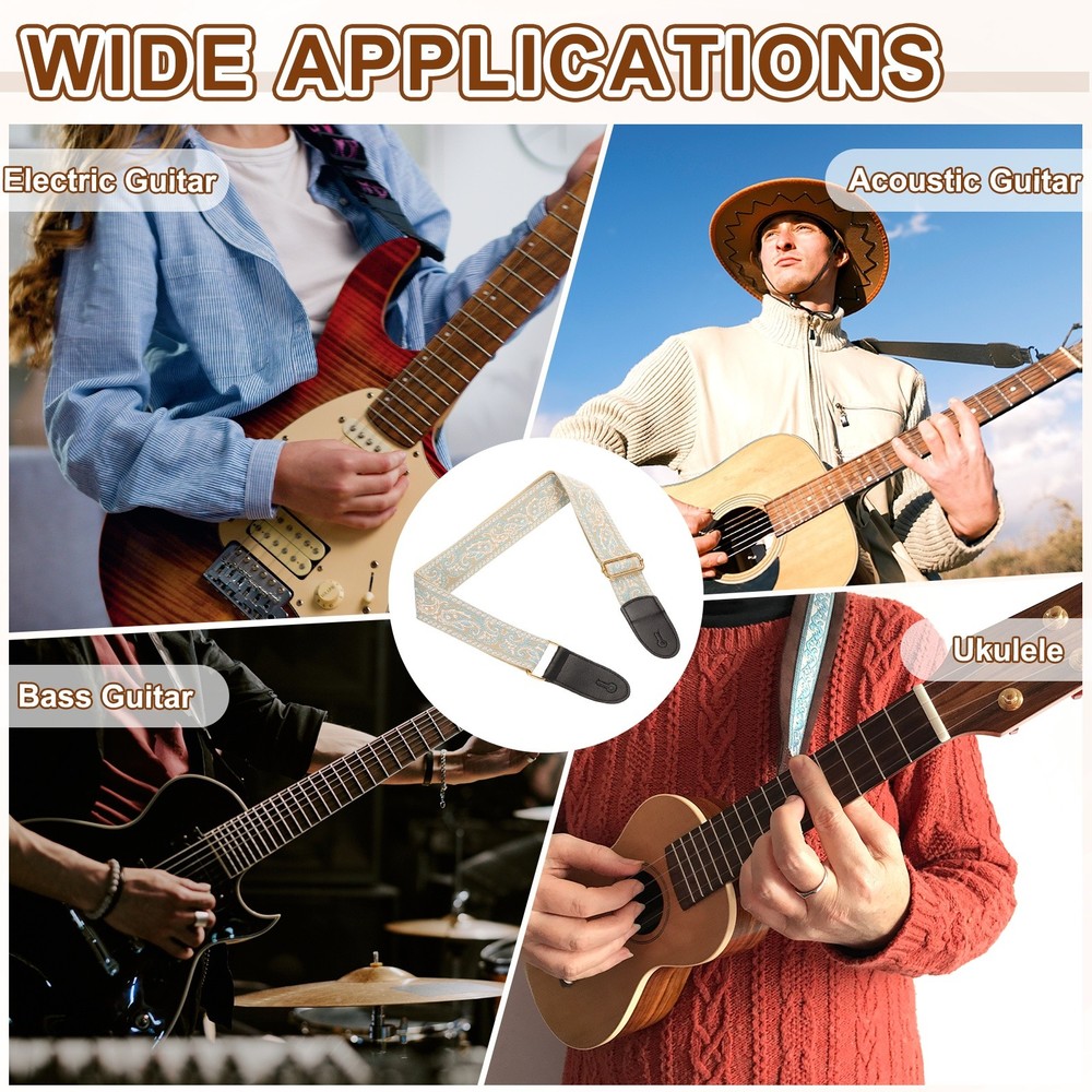 Guitar Strap Adjustable Straps with Light Gold Buckle Blue-White Pattern