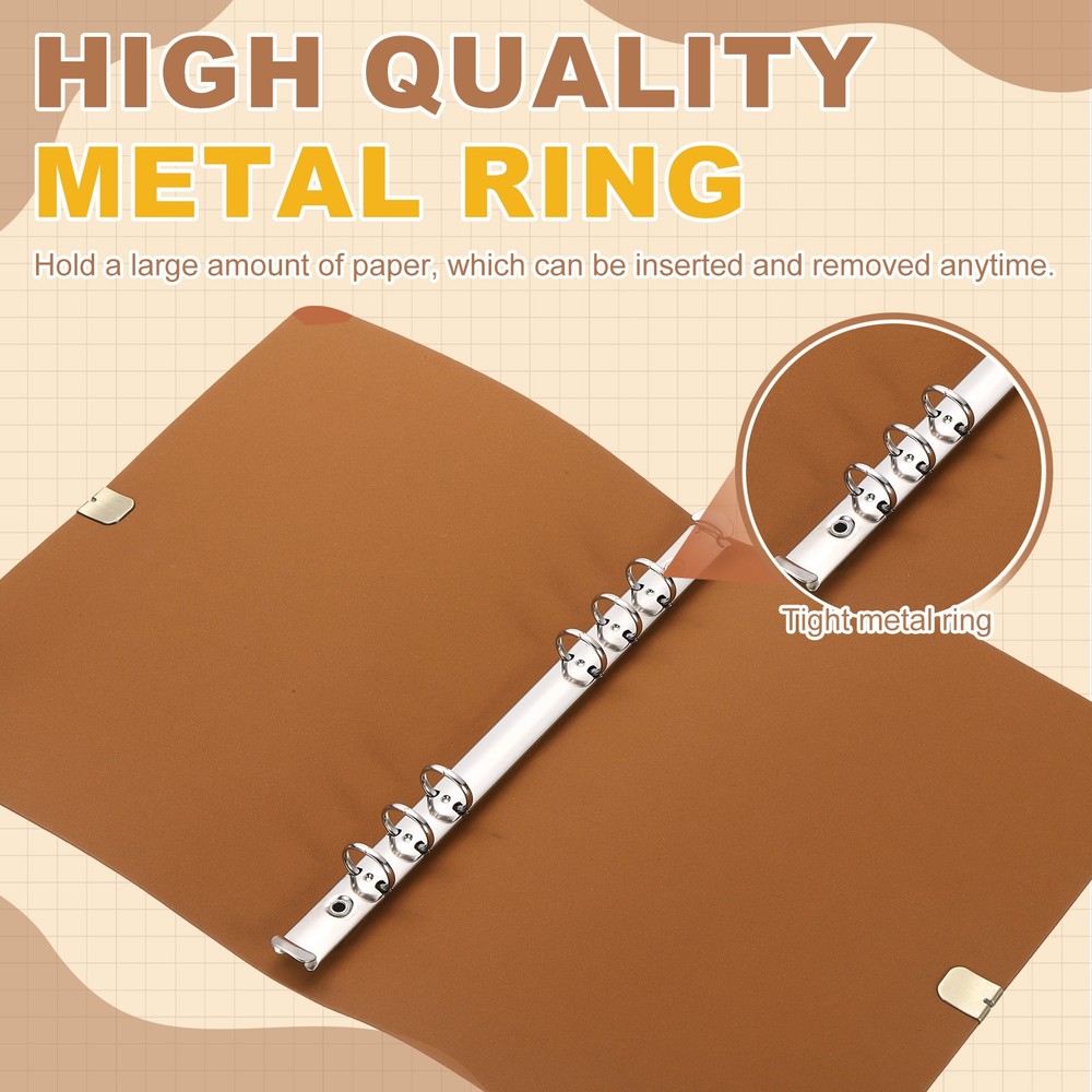 A5 Leather Binder Journal Cover, 6 Ring Elastic Closure, Coffee Brown