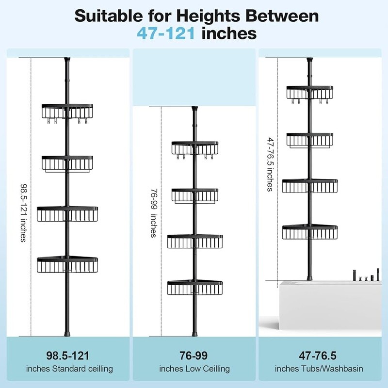 Adjustable Shower Caddy Tension Pole W/ 4 Baskets & Hooks Rust Resistant Storage