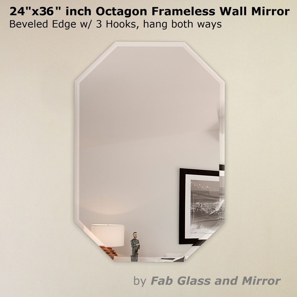 Octagon Frameless Wall Mirror Bevel Polish with 3 Hooks,20" X 30"