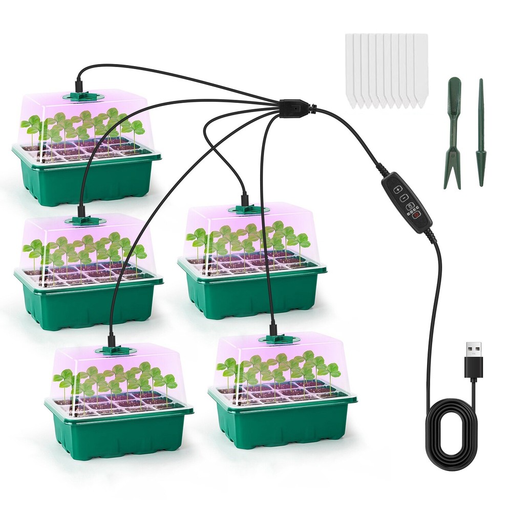 5Pack Seed Starter Tray Humidity Domes with Grow Light Plant Germination Kit