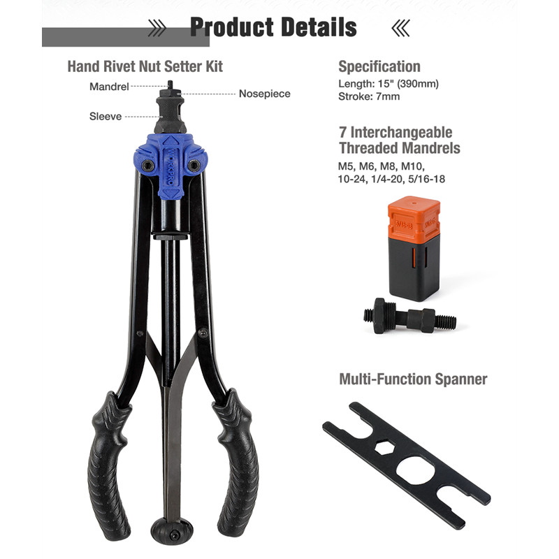 WORKPRO 15" Rivet Nut Tool High Leverage Rivnut Tool with 7 Metric Inch Mandrels