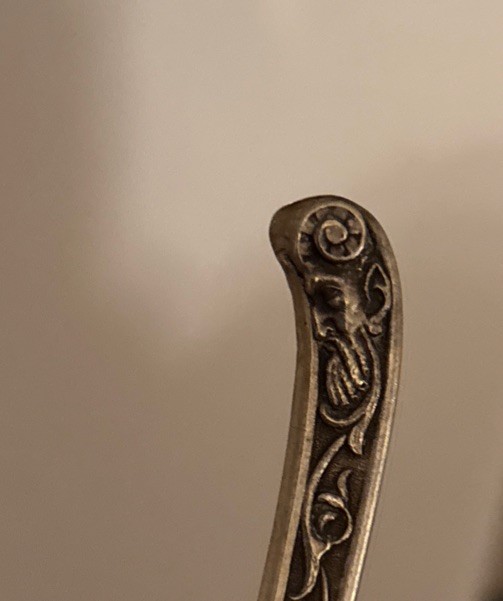 Antique Denmark Simon Groth Silver Serving Spoon Moinichen Devil Mask Handle
