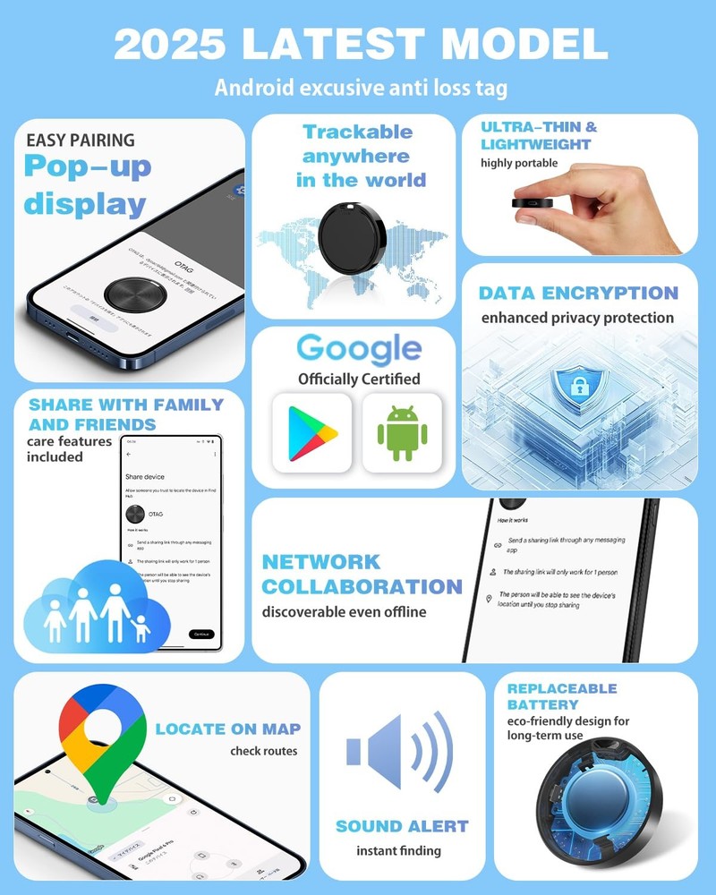 Air Tags for Android - 4 Pack, IP65 Waterproof, 2 Year Battery Life - Google