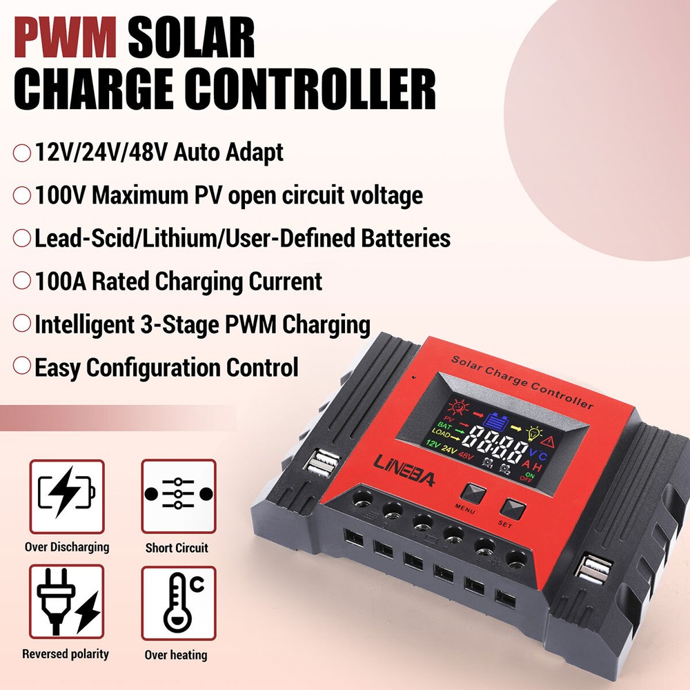 100A PWM Solar Charge Controller LCD Display Battery Intelligent Regulator 4-USB