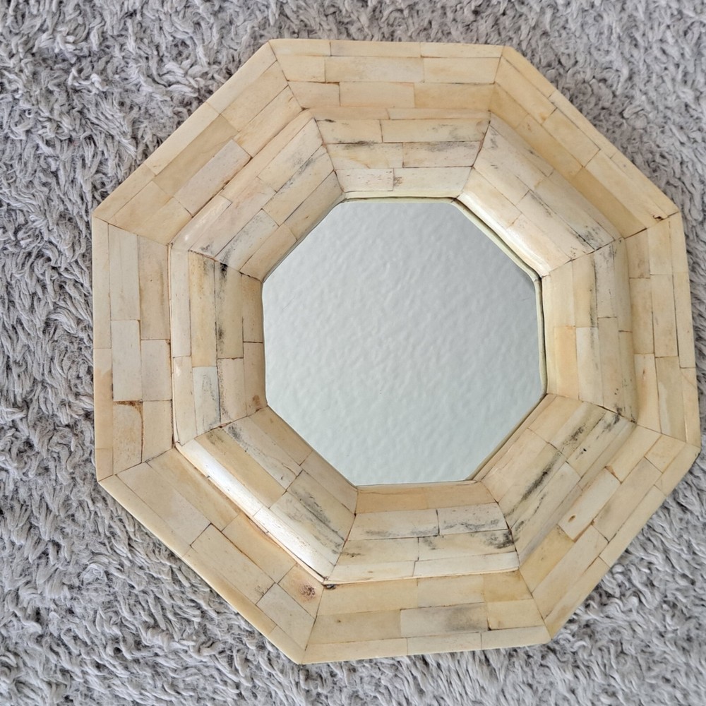 13" Vintage Octagonal Bone Inlay Wall Hanging Mirror