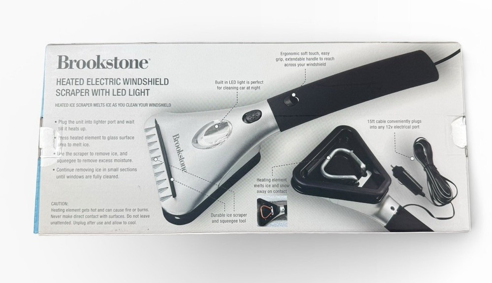 Brookstone Windshield Scraper Heated Electric With LED Light Snow Ice Melter NEW
