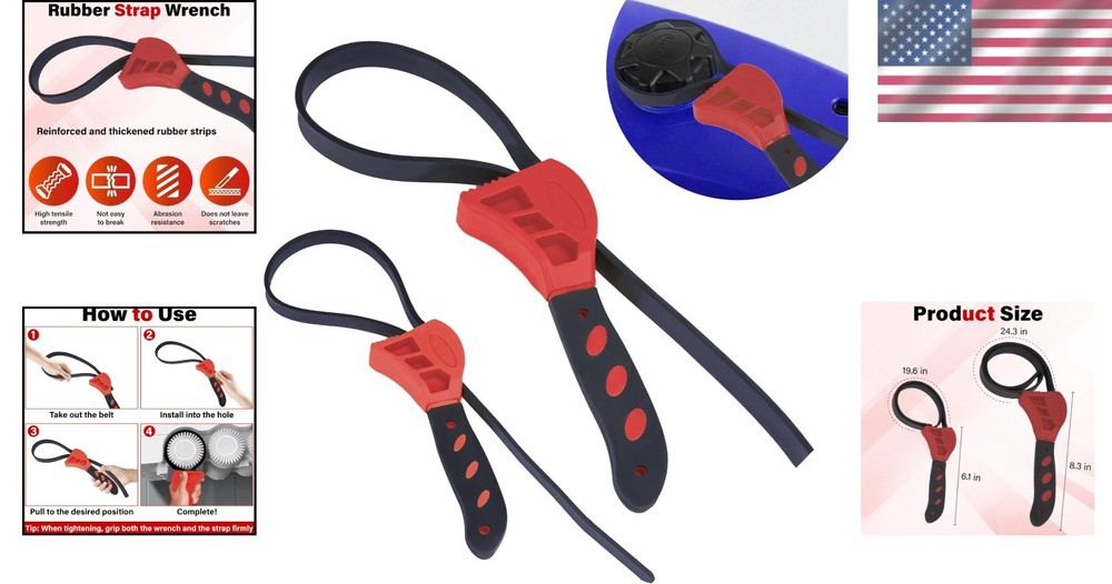 2pcs Red Rubber Strap Wrench 24" & 19.7" Adjustable Oil/Water Filter Tool