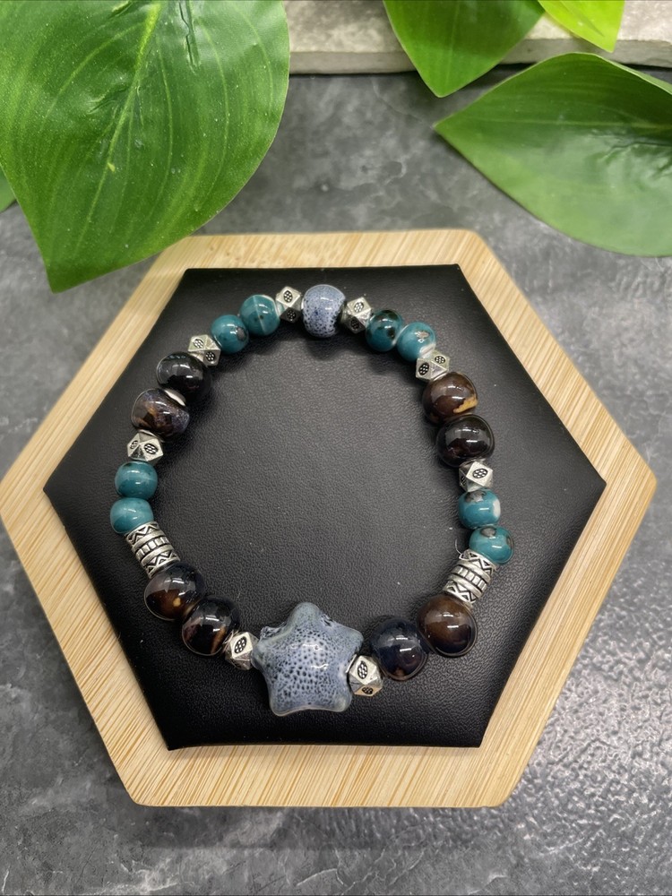 Handmade Ceramic Bead Beaded Stackable 6.25” Plus Stretch Bracelet New B291