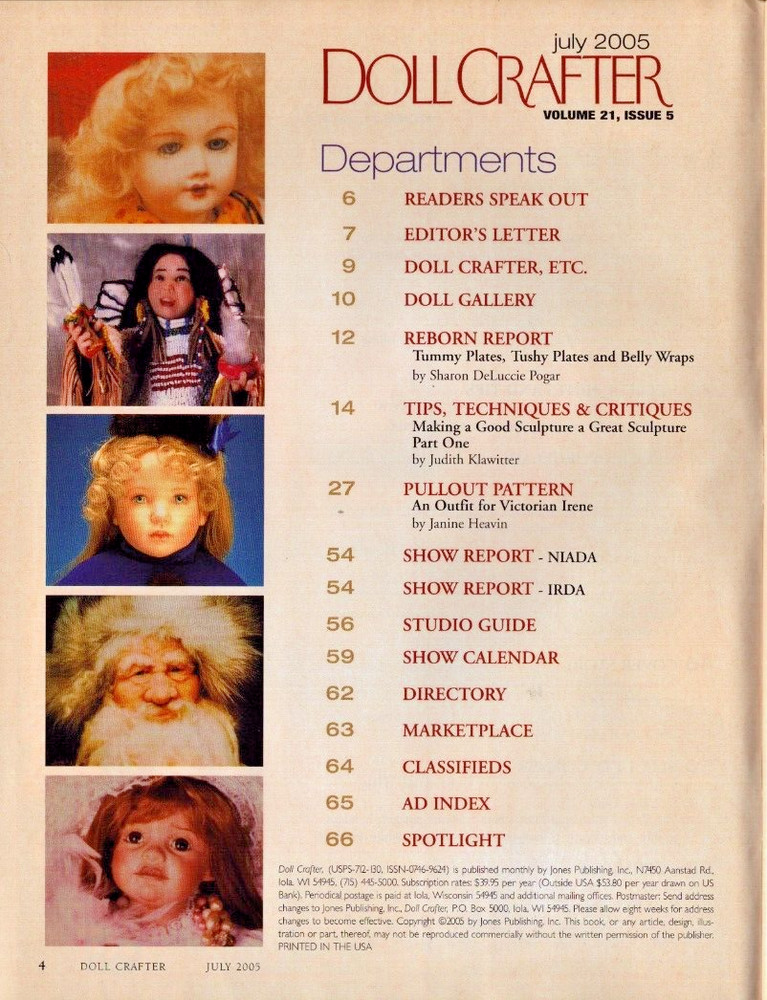 Doll Crafter Magazine July 2005 Pull Out Pattern Doll Costuming