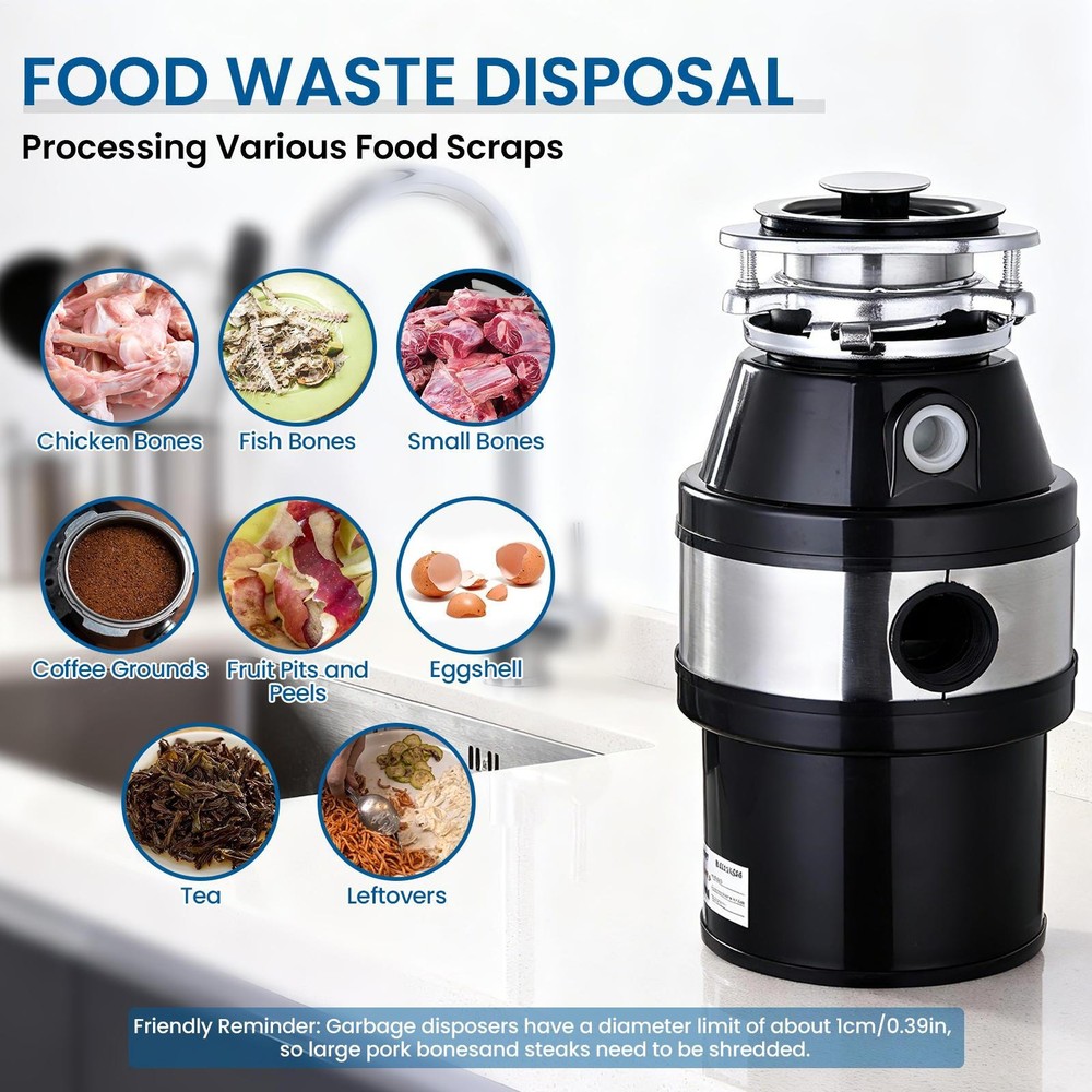 NTUD 3/4 HP Continuous Feed Garbage Disposal With Cord, Anti-Jam & Compact US