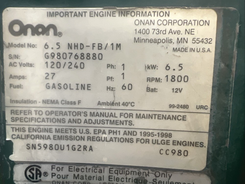 ONAN COMMERCIAL 6500 WATTS GENERATOR (Needs Work)