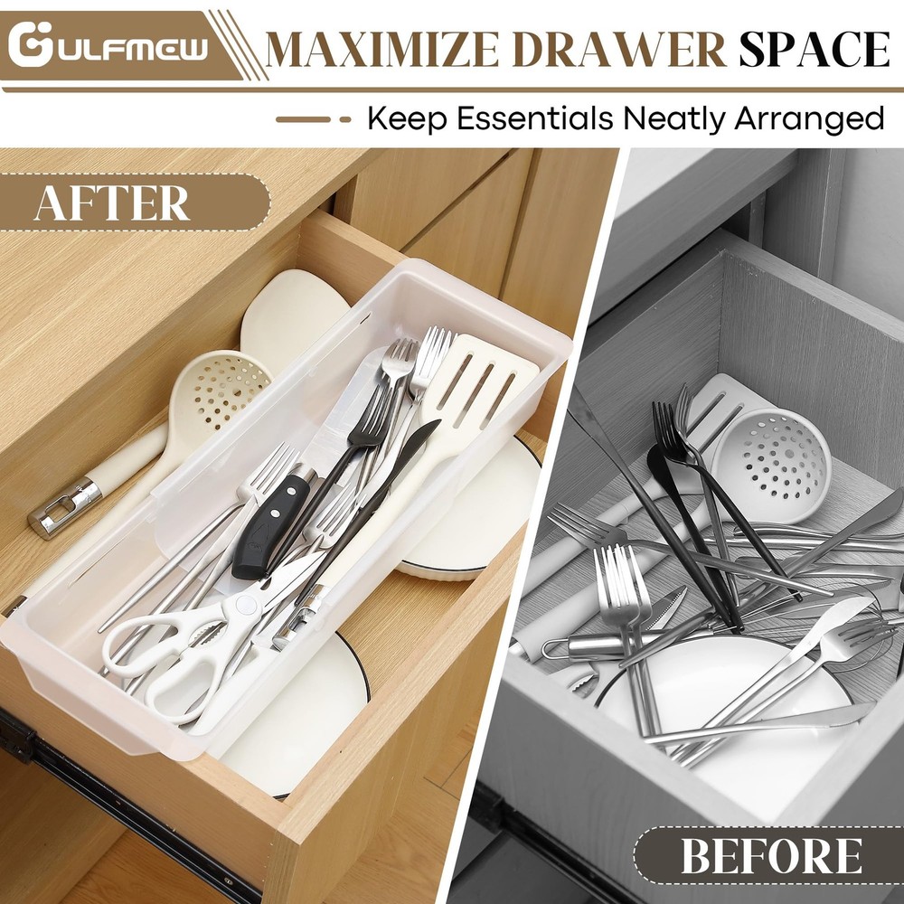 2 Pack Deep Drawer Organizer Bins, Adjustable Sliding Drawer Organizer Bin Ex...