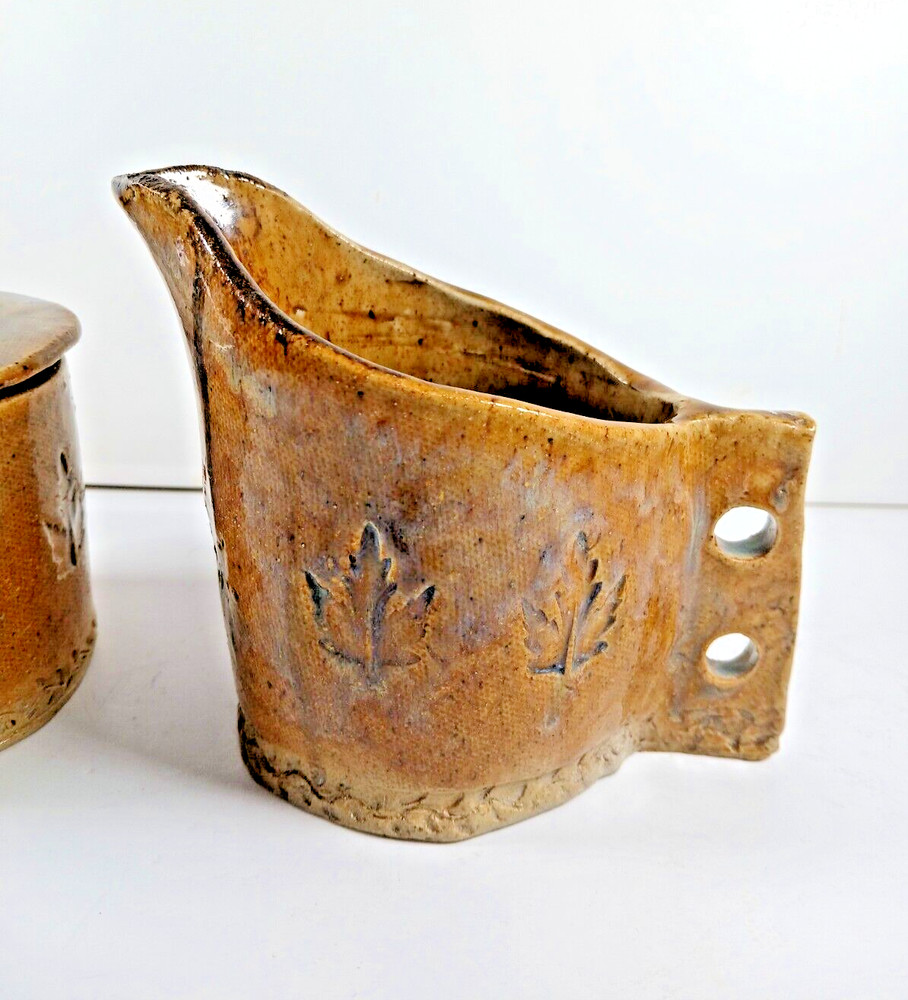 Studio Pottery Sugar & Creamer Set Handmade Drip Glazed Primitive Farmhouse