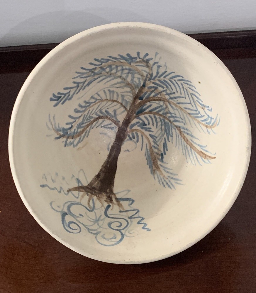LS Pottery Footed Glazed &painted Tree Bowl 5”H x 8”W