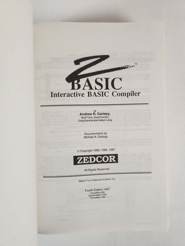 Zedcor ZBasic Interactive Basic Compiler By Andrew R. Gariepy 1987 4th Ed. PB