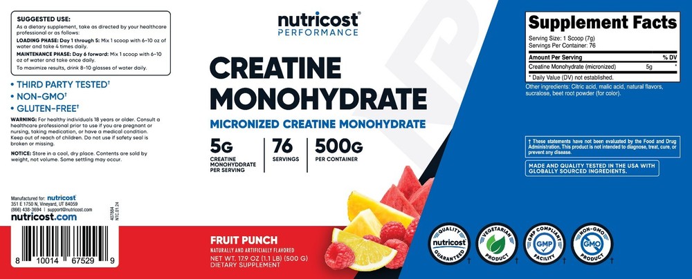 Nutricost Creatine Monohydrate Powder (500G) (Fruit Punch)