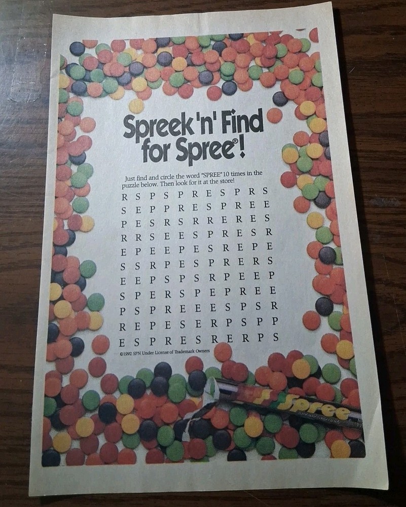 Spree Candy Word Search Print Ad 1991 7x10