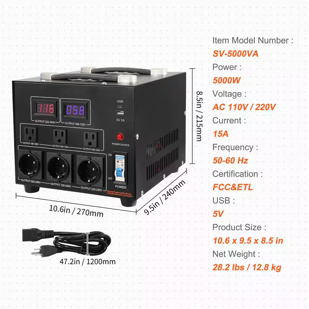 5000-Watt Voltage Converter Transformer, Step Up/Down 110V-220V, for Single-Phas