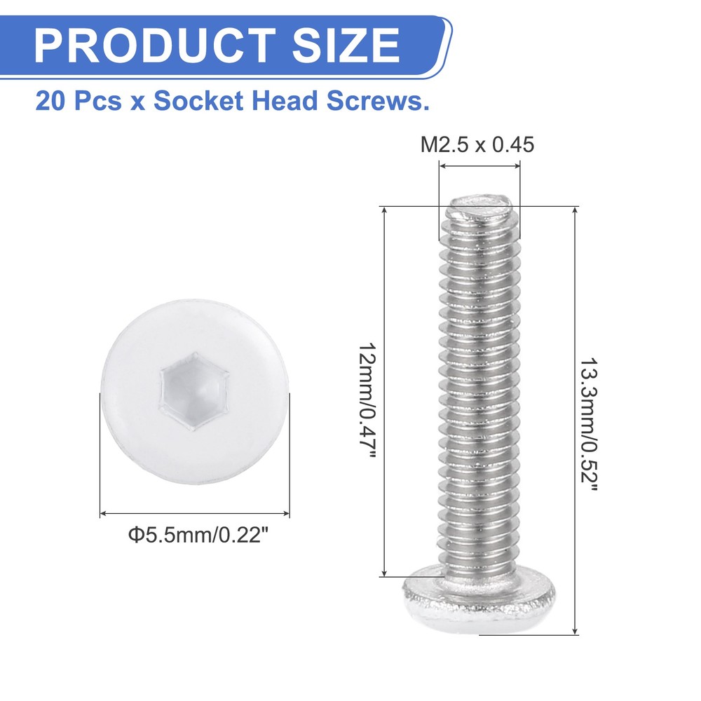 20 Pcs M2.5-0.45 x 12mm Button Head Hex Socket Head Screws, White
