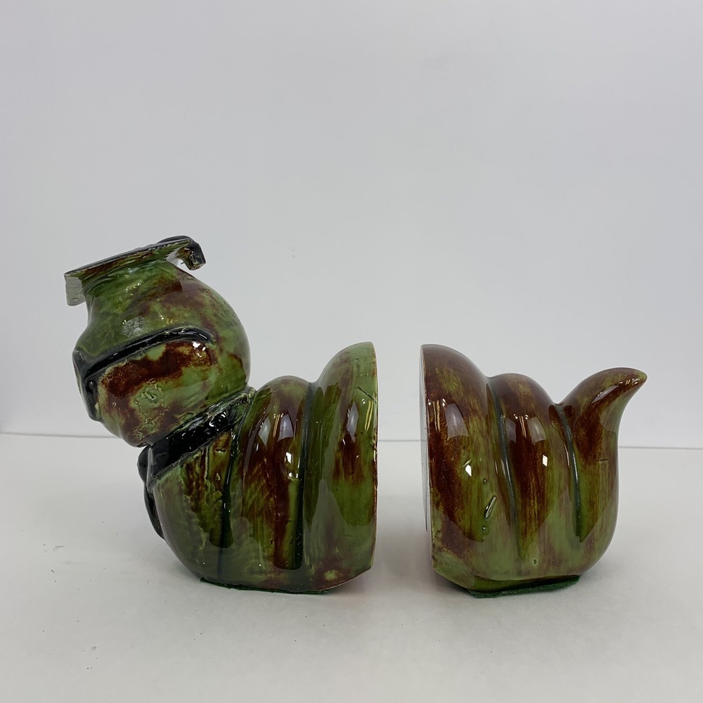 Vintage Mid Century Bookends Bookworm Green Brown Ceramic Boho