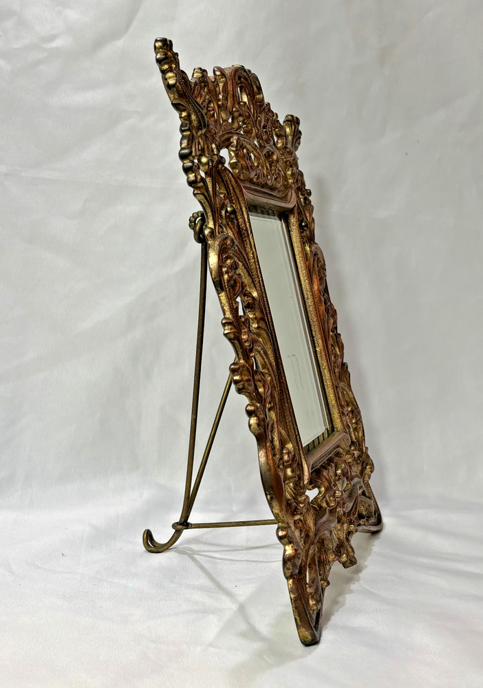 Antique Brass Frame Rococo Style Mirror Table Top Bevel Edge Easel Back