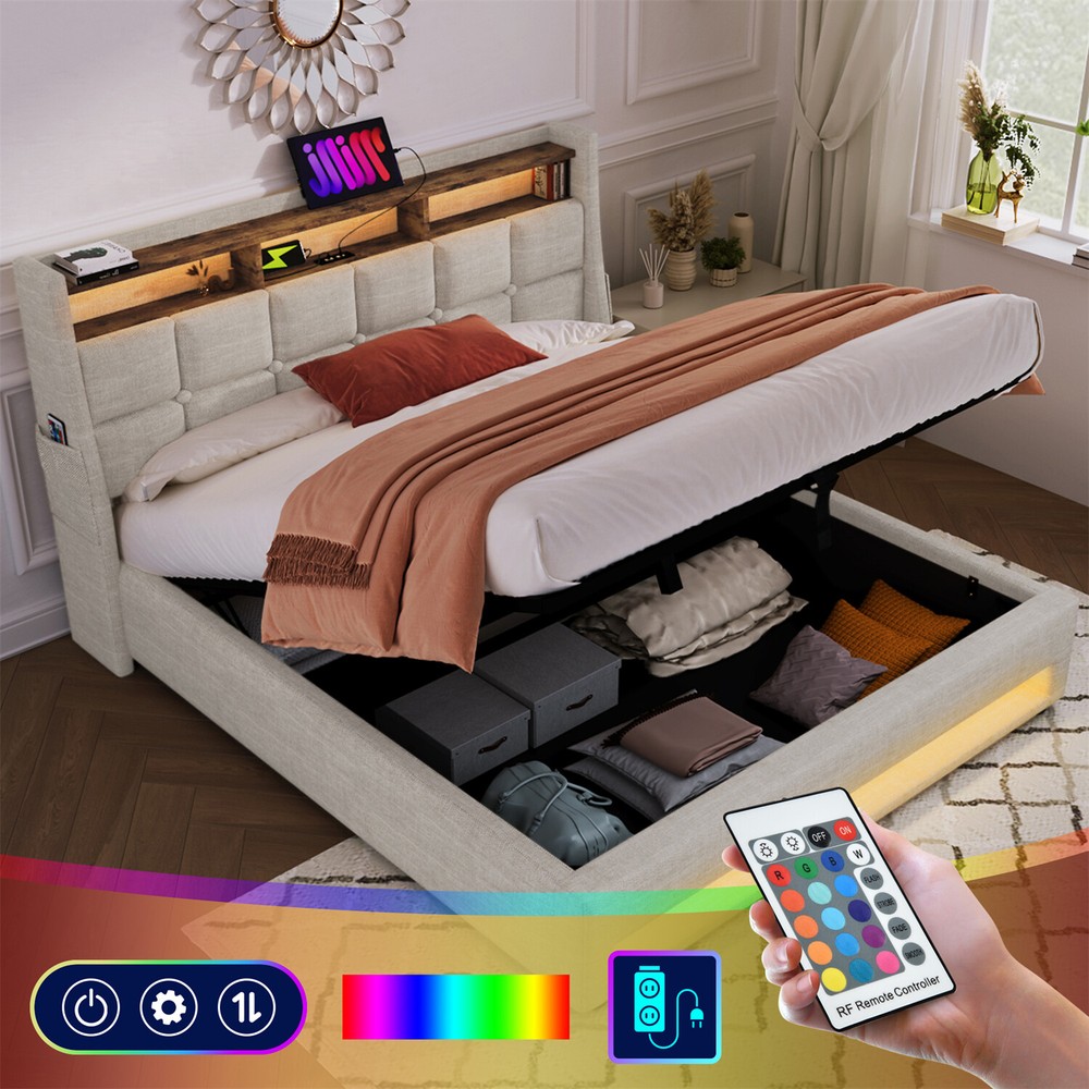 Queen Size LED Bed Frame Upholstered Platform Bed w/ Hydraulic Storage System