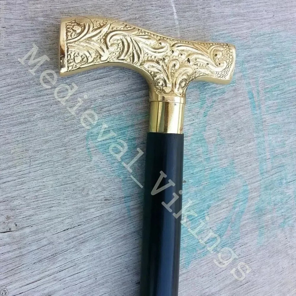 Antique Solid Brass T-Shape Head Handle Wooden Walking Stick Cane Gift
