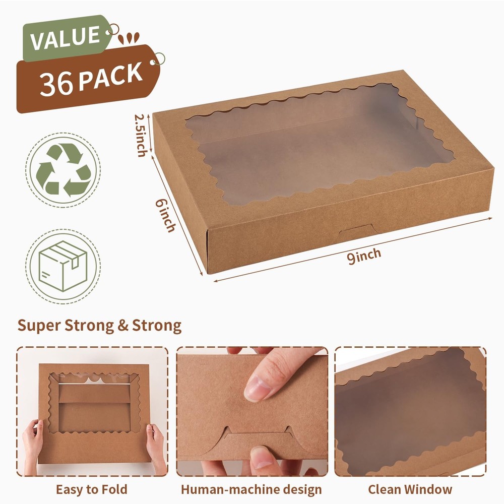 Cookie Boxes 9x6x2.5 Inch Large Window Bakery Pastry Brown 36 Pcs