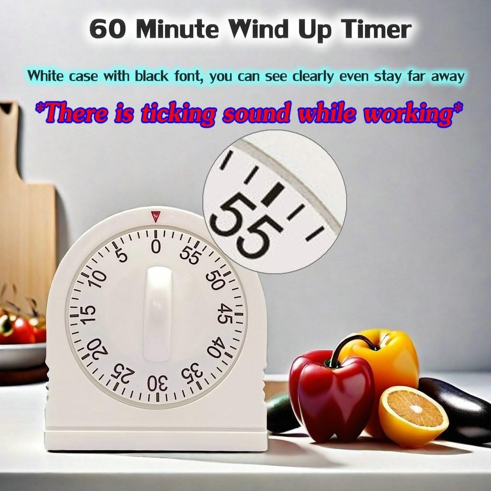 60 Minute Wind Up Mechanical Timer Visual Countdown with Loud Alarm White