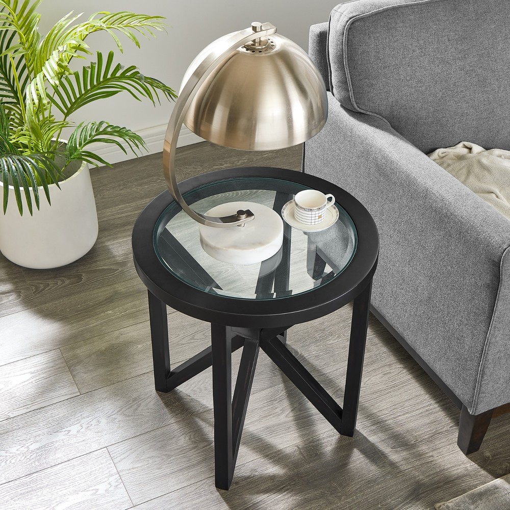 Modern Glass Coffee Table - Tempered Round Top, Solid Wood Base