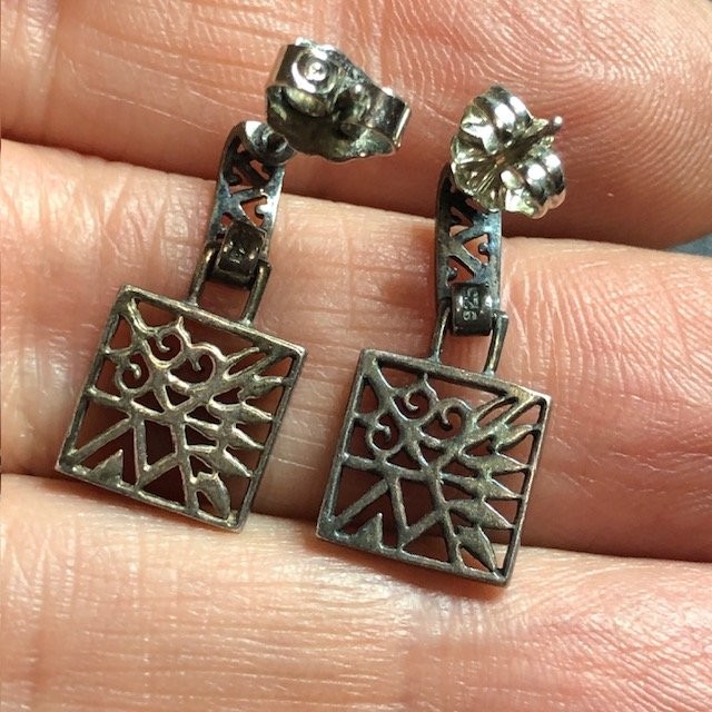 B3892 VTG Sterling Silver Openwork Dangle Earrings Square Drop Geometric Scroll