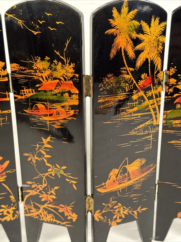 VTG Mini Oriental Folding Screen Divider 6 Panel Lacquer Wood Reversible