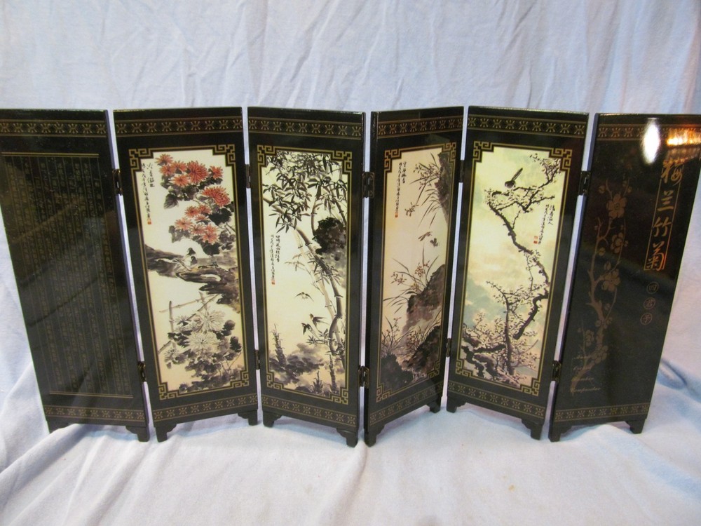 CHINESE 6 PANEL FOLDING BLACK LACQUER DESK SCREEN MUME ORCHID BAMBOO
