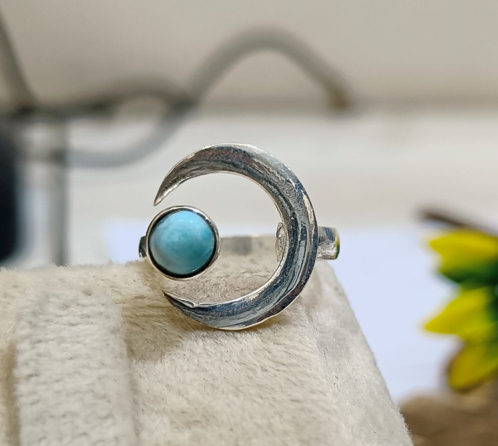 Larimar Moon Shape Ring Handmade Designer Ring 925 Sterling Silver Size 9 A29