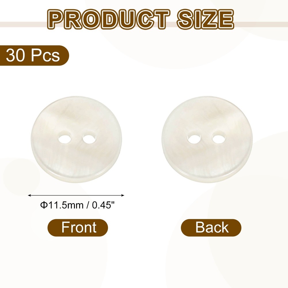30Pcs Natural Shell Buttons, 11.5mm 2-Hole Clothes Craft Sewing Button, White