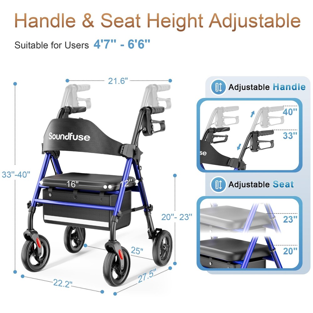 Foldable All-Terrain Rollator Walker with Seat, 8" Wheels, Adjustable Height
