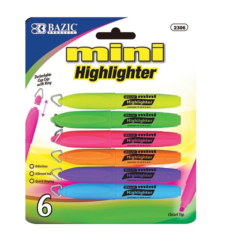 BAZIC Mini Fluorescent Highlighter w/ Cap Clip (6/Pack)