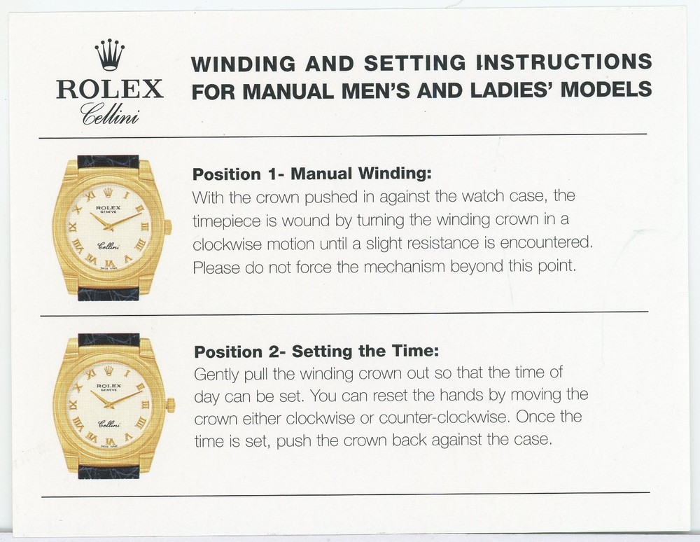 Rolex Cellini Winding and Setting Instructions 1980s