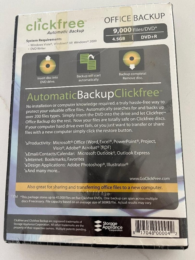 Clickfree Automatic Office File Backup DVDs - Documents - No Installation SEALED