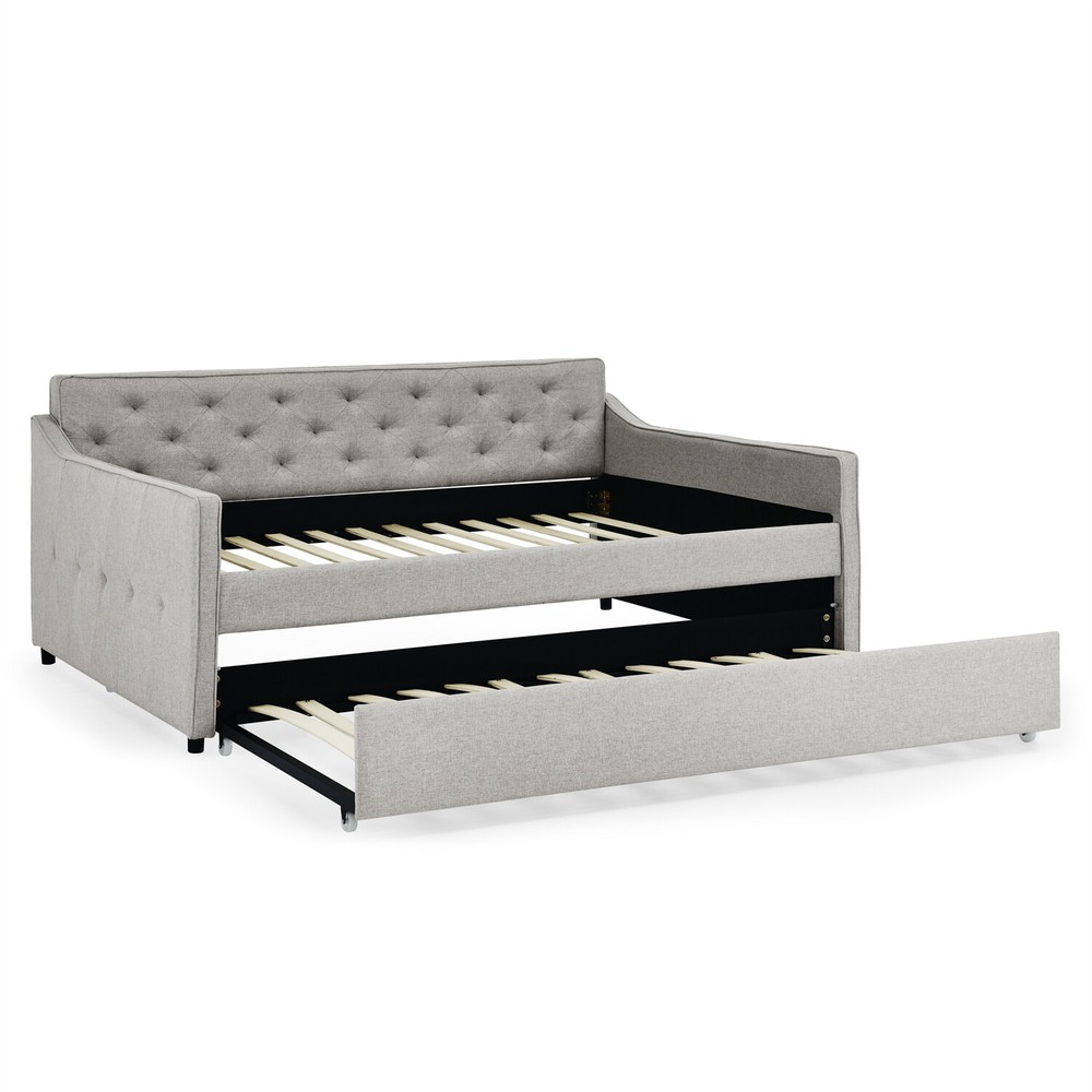 Full Size Daybed w/ Pull-Out Trundle Bed Linen Upholstered Bed Frame Sofa Bed US