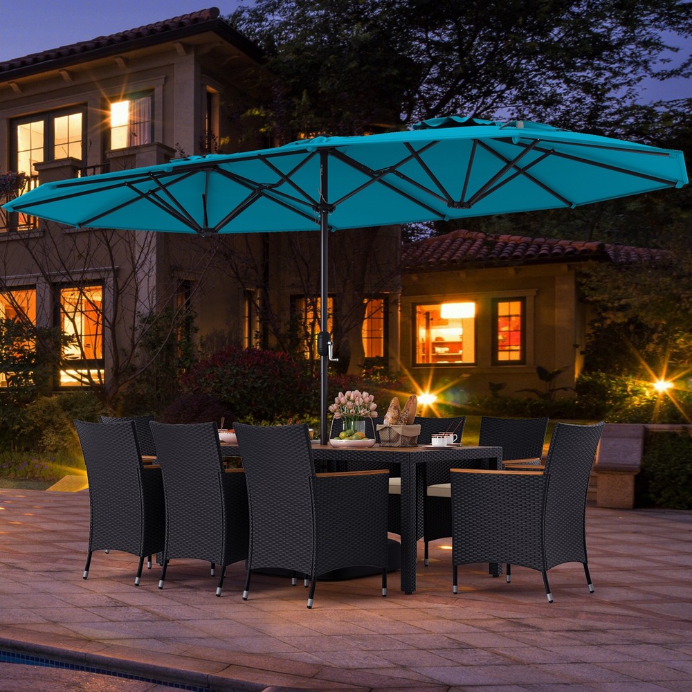 11PCS Patio Wicker Dining Set w/Double-Sided Outdoor Umbrella 8 Stackable Chairs