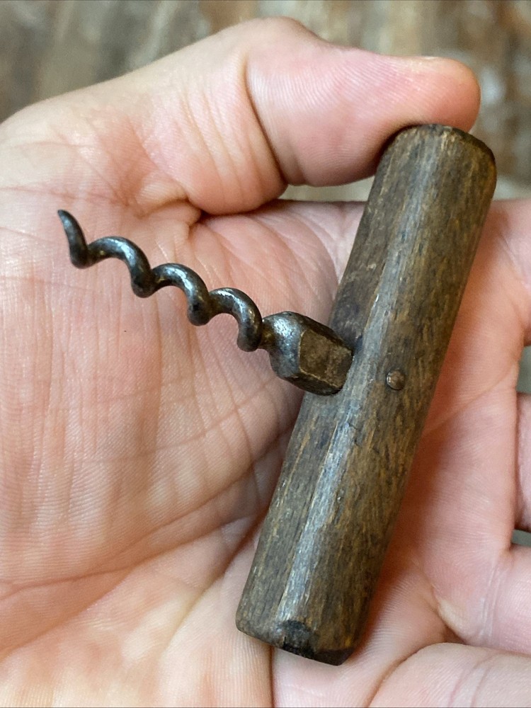 Small 19th Century Primitive Wooden Handle Direct Pull Corkscrew Antique 1800s