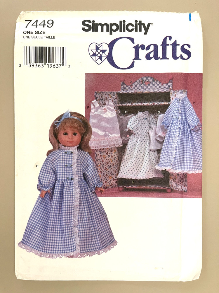 1990's Simplicity Doll Wardrobe and Clothing Pattern 7449 Size 18" UNCUT