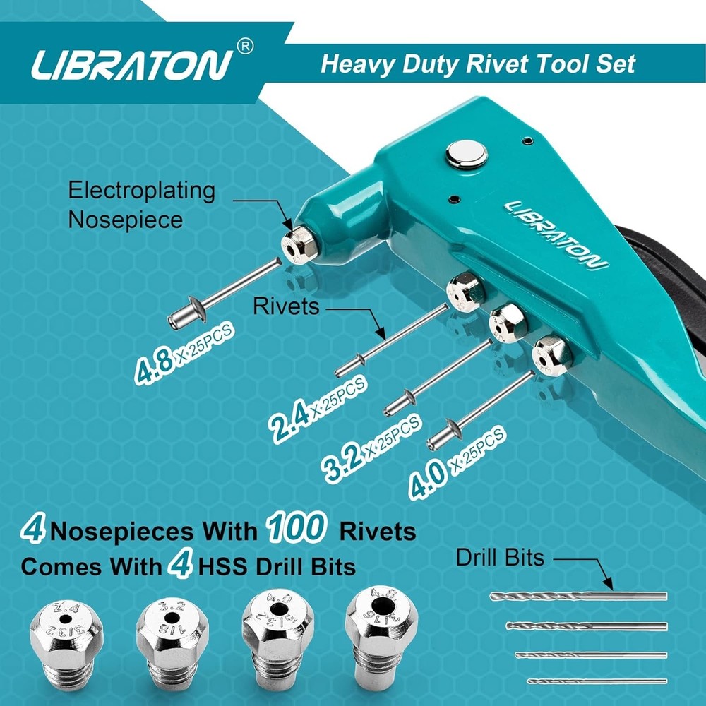 Efficient Manual Riveting Tool - 110 Rivets, Lightweight Aluminum, Carrying Case