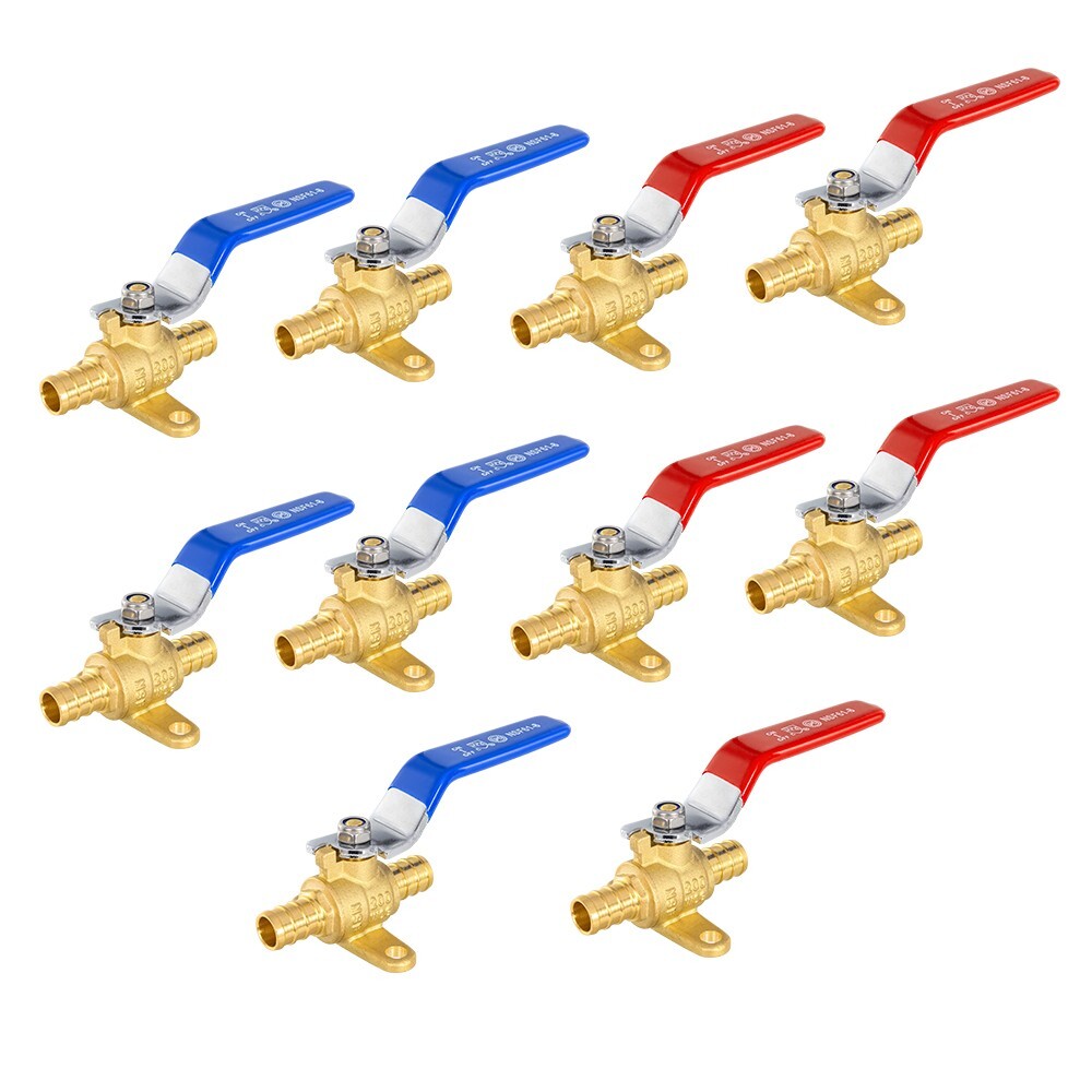 EFIELD 10PCS 1/2"Pex Crimp Shut Off Brass Ball Valves/Drop Ear, Red& Blue Levers
