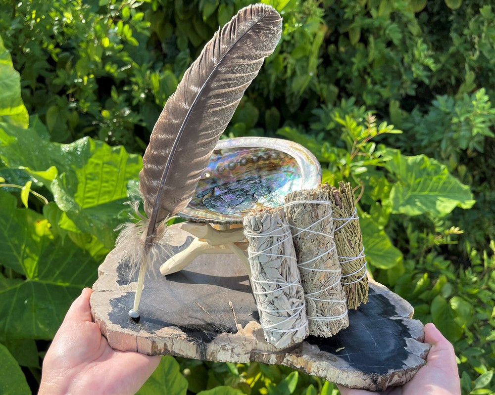 Smudge Kit: Abalone Shell, Cedar, Blue Sage, White Sage Smudge, Feather & Stand